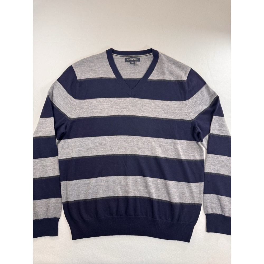 Banana Republic Extra Fine Merino Wool Mens Blue Striped V-neck Sweater Large